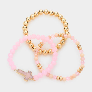 3PCS - Druzy Cross Metal Ball Faceted Bead Stretch Bracelets