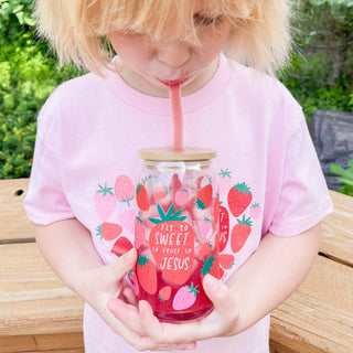 Tis So Sweet To Trust In Jesus Strawberry Glass Can with Bamboo Lid and Glass Straw