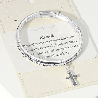Blessed Message Abalone Cross Charm Stretch Bracelet