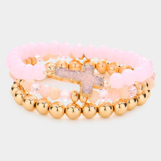 3PCS - Druzy Cross Metal Ball Faceted Bead Stretch Bracelets