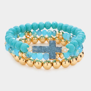 3PCS - Druzy Cross Metal Ball Faceted Bead Stretch Bracelets