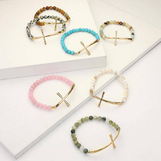 Hammered Metal Cross Semi Precious Natural Stone Bracelet