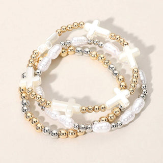 3PCS - Pearl Cross Metal Ball Beaded Stretch Multi Layered B