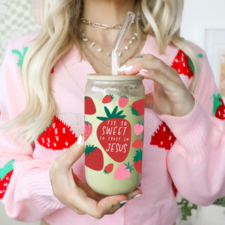 Tis So Sweet To Trust In Jesus Strawberry Glass Can with Bamboo Lid and Glass Straw