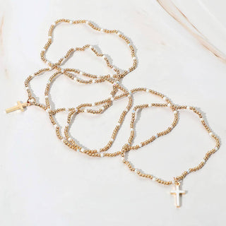 5PCS - Cross Charm Seed Bead Stretch Multi Layered Bracelets