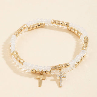 Crystal Bead Cross Charm Stretch Bracelet Set