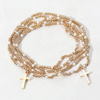 5PCS - Cross Charm Seed Bead Stretch Multi Layered Bracelets