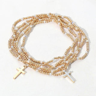 5PCS - Cross Charm Seed Bead Stretch Multi Layered Bracelets
