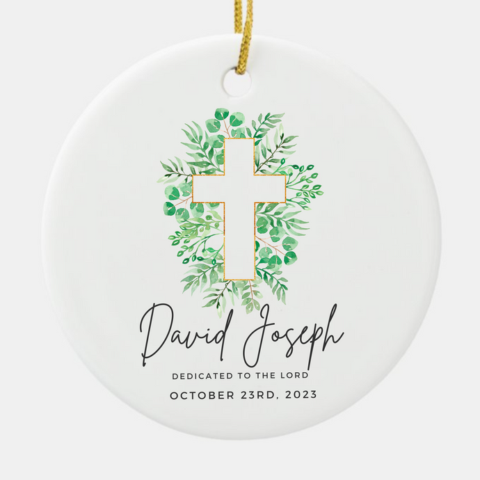 Green Cross Personalized Baptism - Confirmation - Dedication - First Communion - Ceramic Ornament