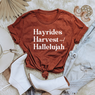 Hayrides, Harvest and Hallelujah Fall Short Sleeve Graphic T-Shirt