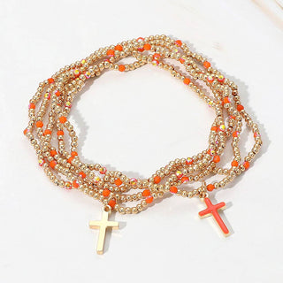 5PCS - Cross Charm Seed Bead Stretch Multi Layered Bracelets