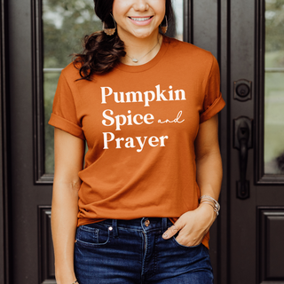 Pumpkin Spice & Prayer Fall Short Sleeve Graphic T-Shirt in Multiple Color Options