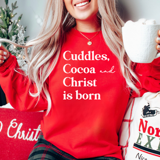 Cuddles, Cocoa, and Christ Is Born Christian Crewneck Christmas Sweater