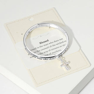 Blessed Message Abalone Cross Charm Stretch Bracelet