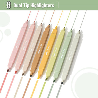 Dual Tip Aesthetic Highlighters, 8 pcs, Chisel & Fine Tips