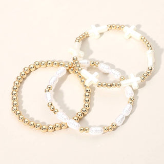 3PCS - Pearl Cross Metal Ball Beaded Stretch Multi Layered B