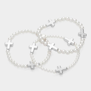 3PCS - Metal Cross Pointed Pearl Beaded Stretch Bracelets