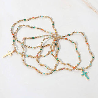 5PCS - Cross Charm Seed Bead Stretch Multi Layered Bracelets