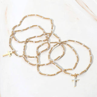 5PCS - Cross Charm Seed Bead Stretch Multi Layered Bracelets