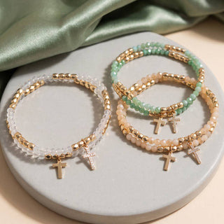 Crystal Bead Cross Charm Stretch Bracelet Set
