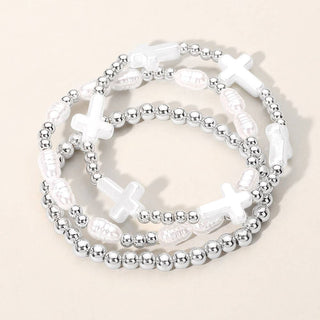3PCS - Pearl Cross Metal Ball Beaded Stretch Multi Layered B