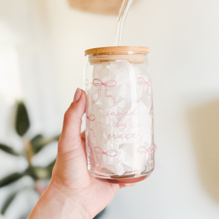 March Saved by Grace Bow Glass Cup with Bamboo Lid and Glass Straw