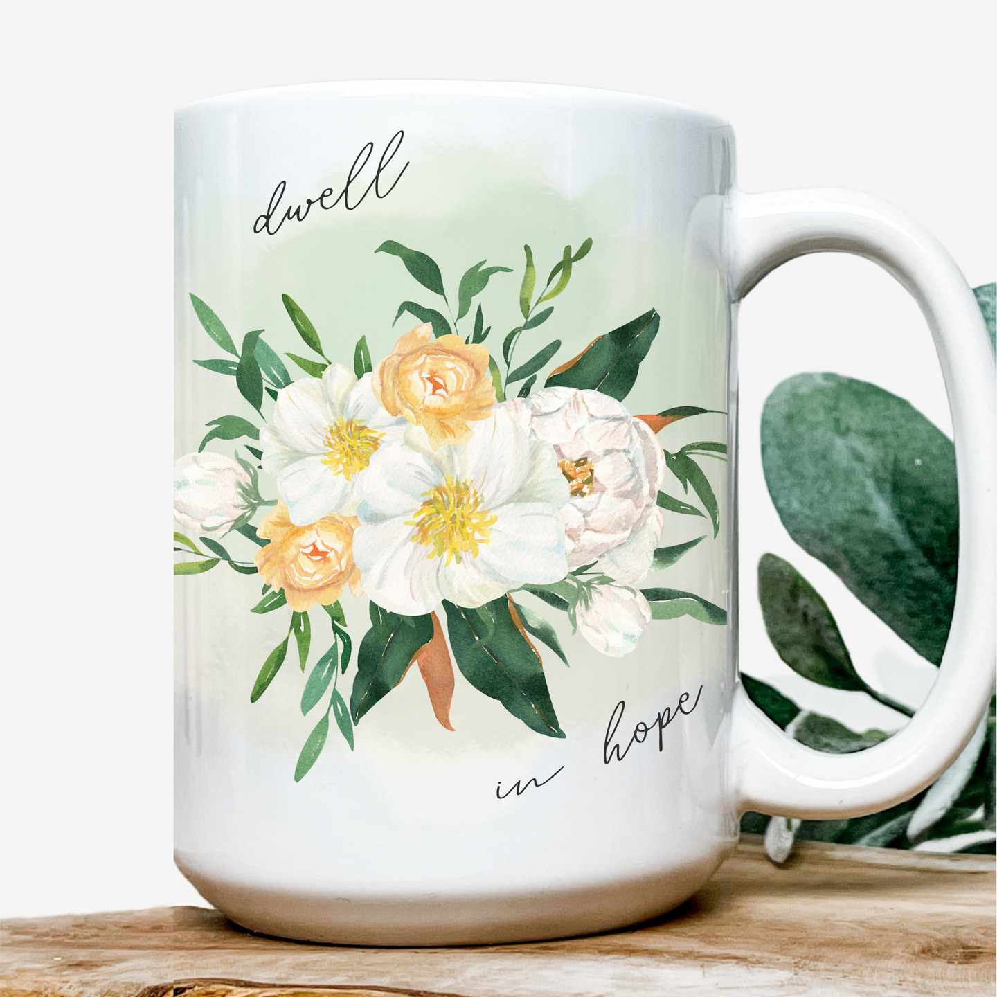 Dwell In Hope Watercolor Floral Christian 15oz Ceramic Coffee Mug