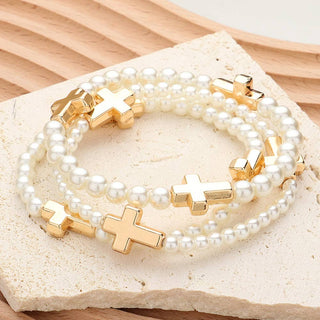 3PCS - Metal Cross Pointed Pearl Beaded Stretch Bracelets