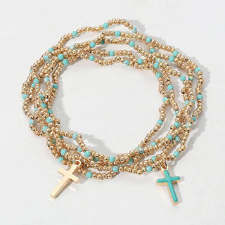 5PCS - Cross Charm Seed Bead Stretch Multi Layered Bracelets