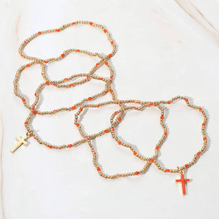 5PCS - Cross Charm Seed Bead Stretch Multi Layered Bracelets