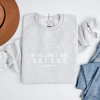 In the Lord I Take Refuge Psalm 61 Crewneck Sweatshirt - Front and Back Design - March 2026 Collection