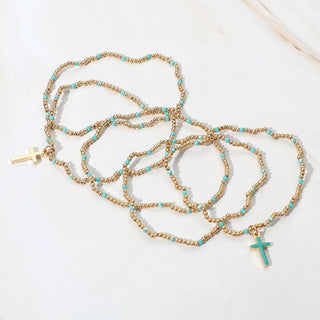 5PCS - Cross Charm Seed Bead Stretch Multi Layered Bracelets