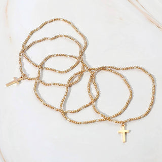 5PCS - Cross Charm Seed Bead Stretch Multi Layered Bracelets