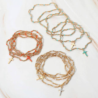 5PCS - Cross Charm Seed Bead Stretch Multi Layered Bracelets