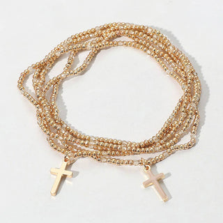 5PCS - Cross Charm Seed Bead Stretch Multi Layered Bracelets