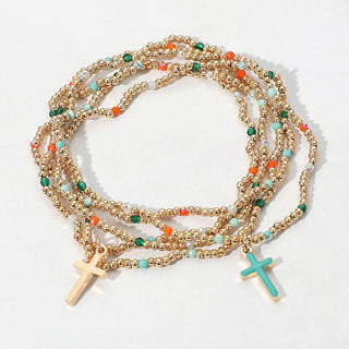 5PCS - Cross Charm Seed Bead Stretch Multi Layered Bracelets
