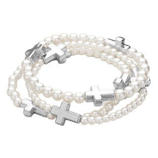 3PCS - Metal Cross Pointed Pearl Beaded Stretch Bracelets