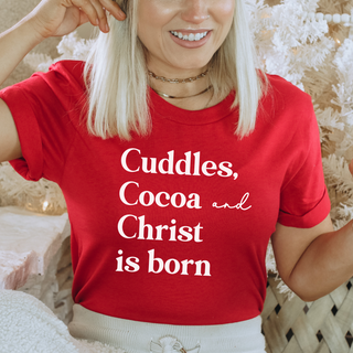 Cuddles Cocoa and Christ Is Born Womens Christmas Graphic Tee Shirt