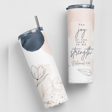 The Joy Of The Lord Is My Strength Navy Floral Bible Verse Stainless Steel Travel Tumbler